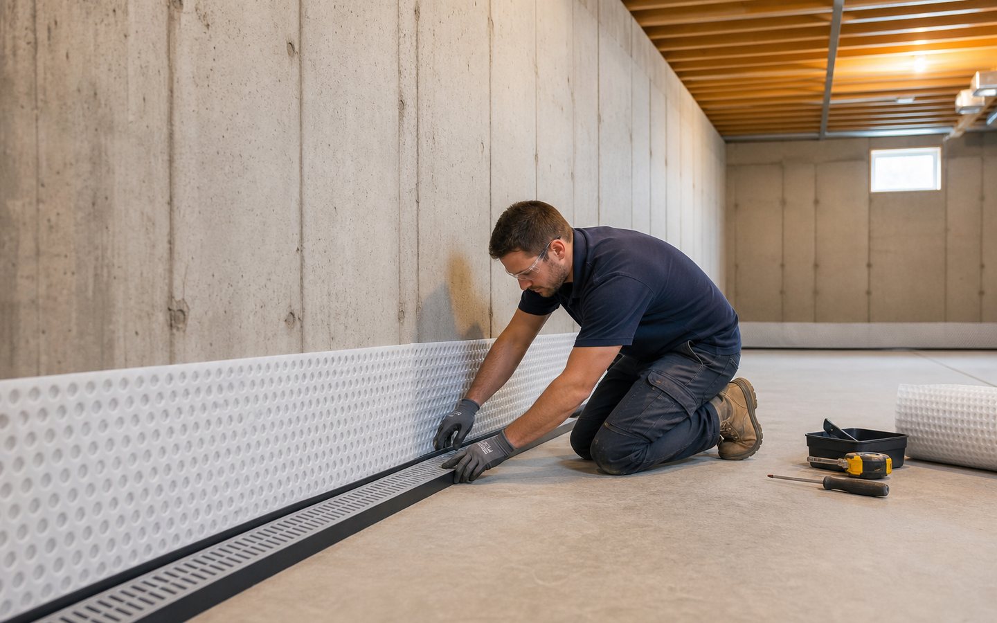 Technician installing an interior basement drainage and waterproofing system