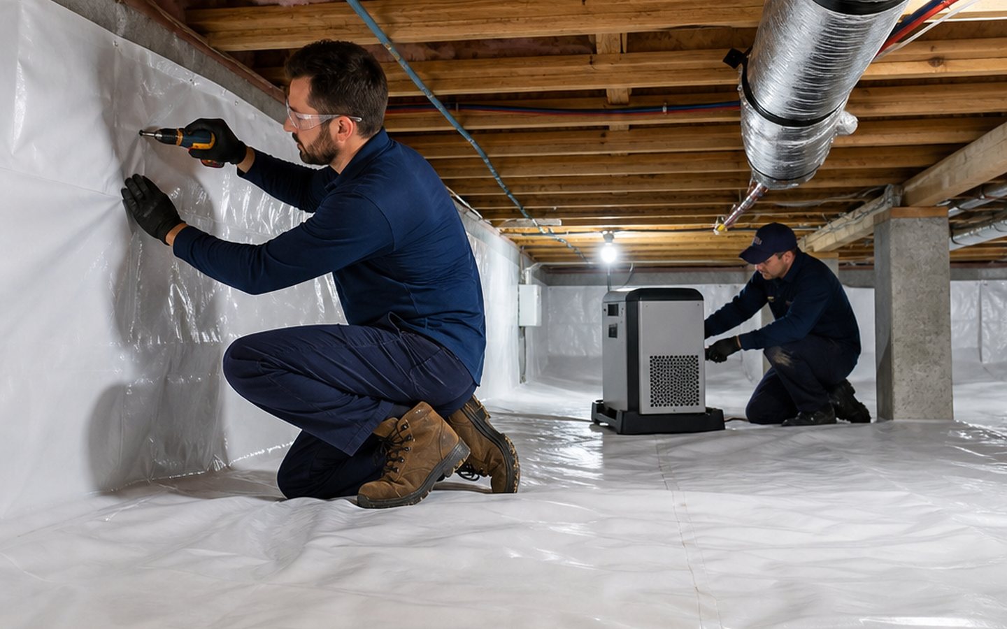 Bright white crawl space encapsulation being installed