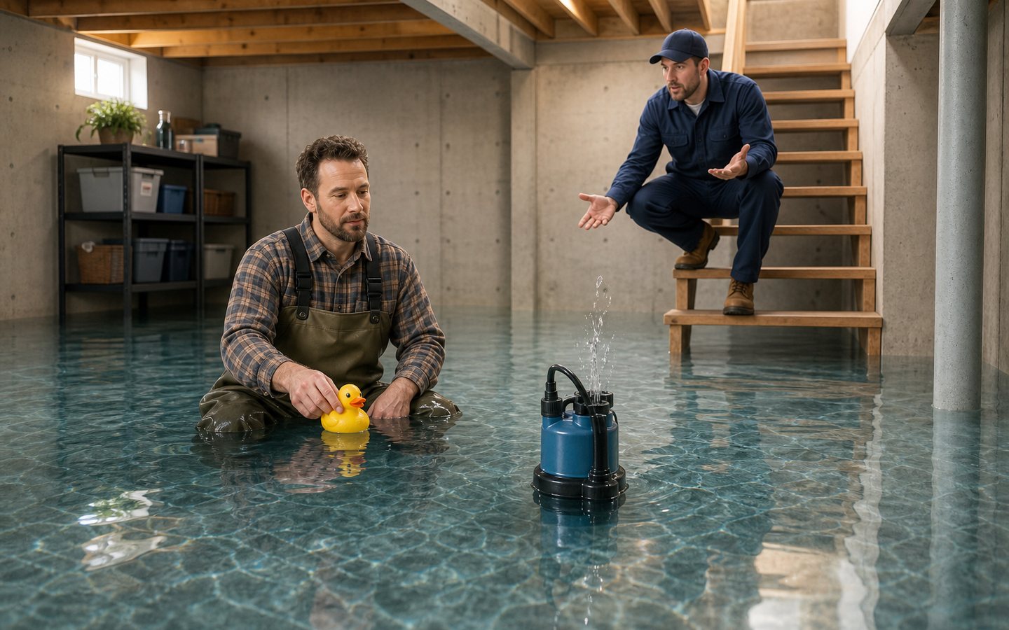Humorous exaggerated flooded basement with a rubber duck
