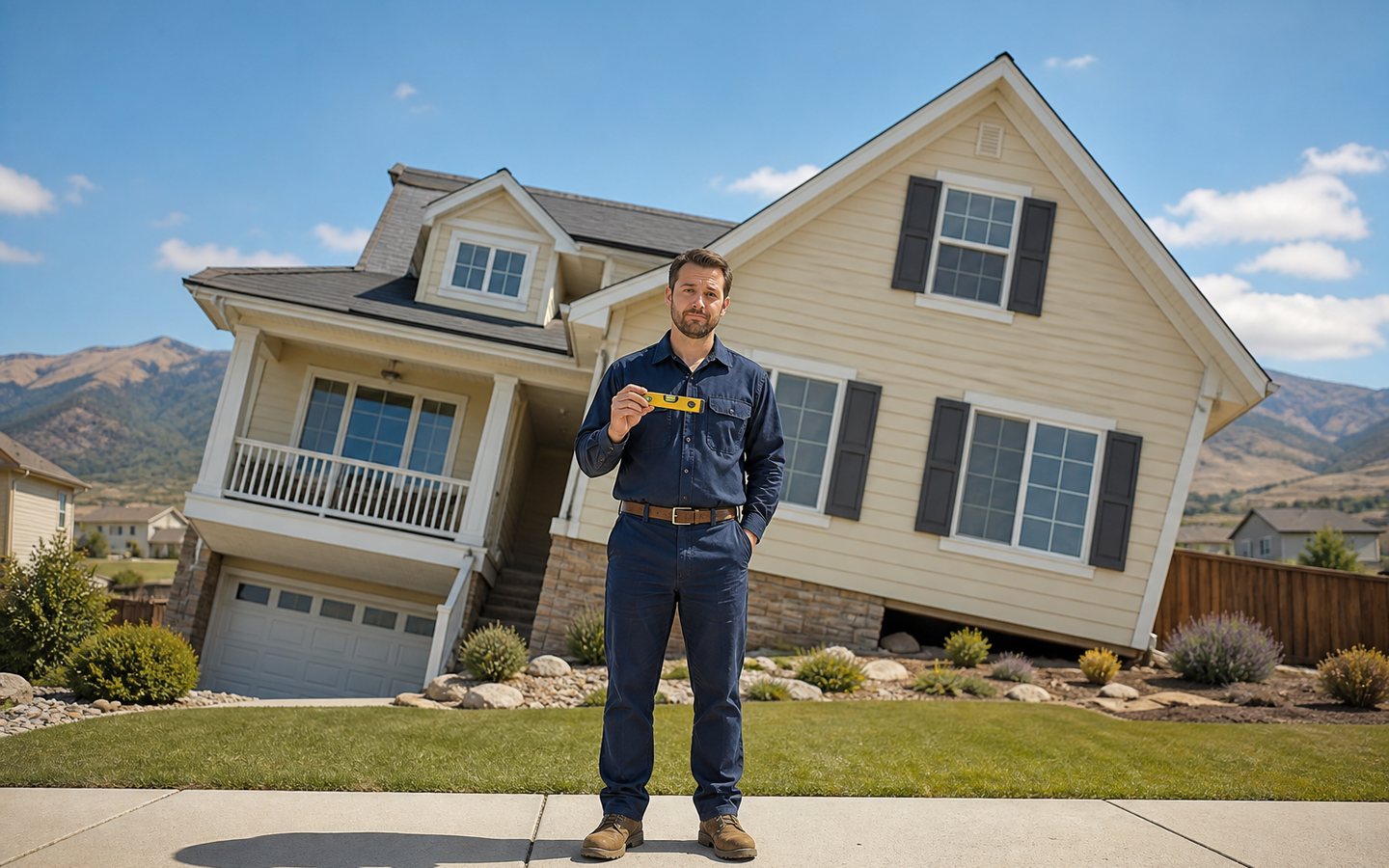 Humorous exaggerated tilted Idaho home with a foundation inspector holding a level