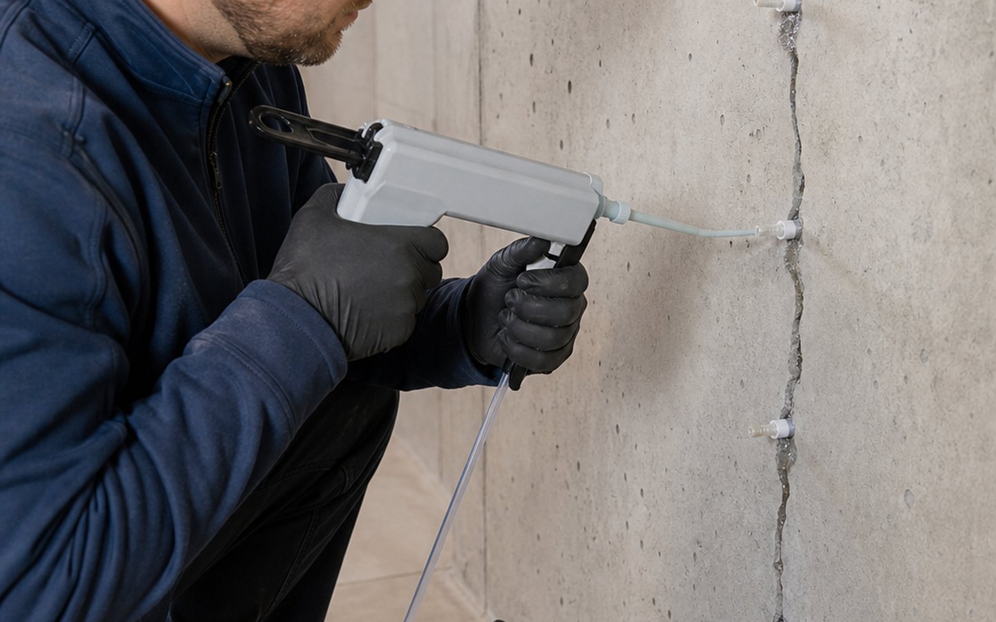 Technician injecting a basement wall crack with repair epoxy