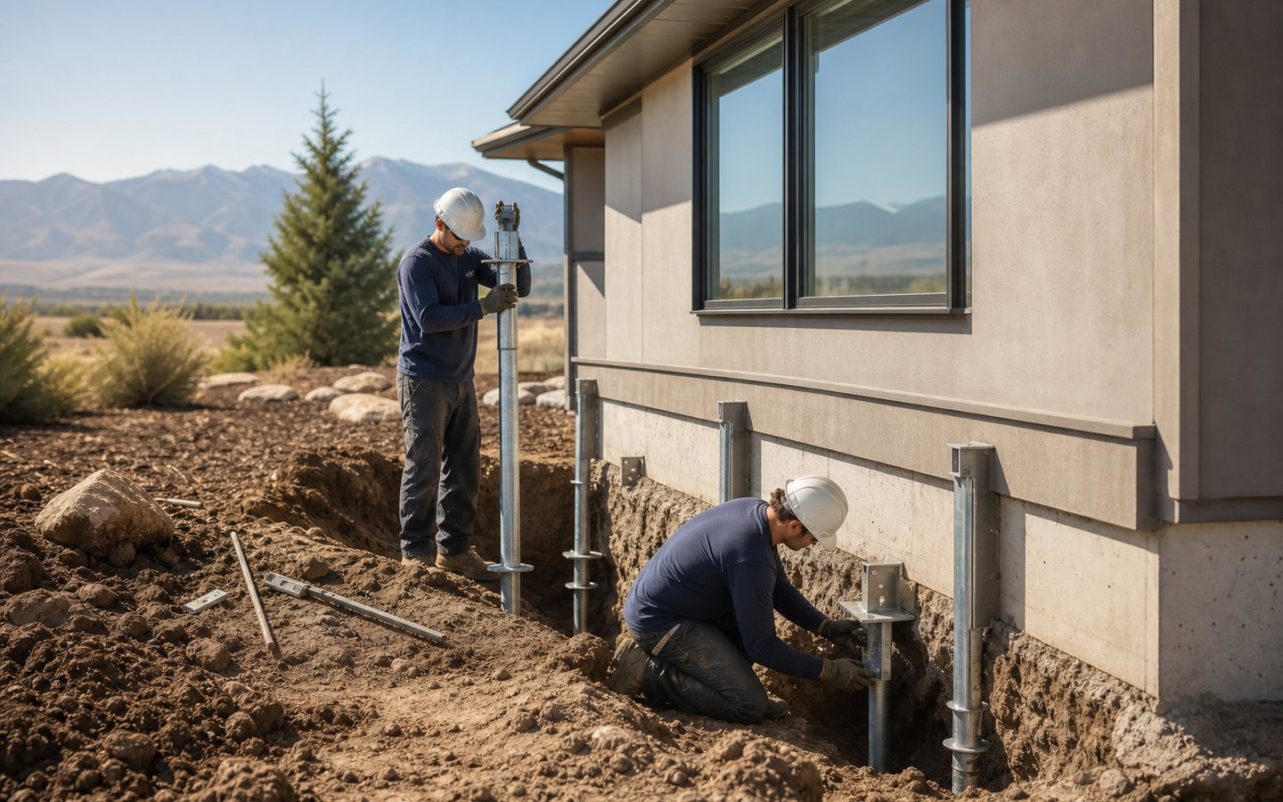 Residential structural repair work beside a concrete foundation