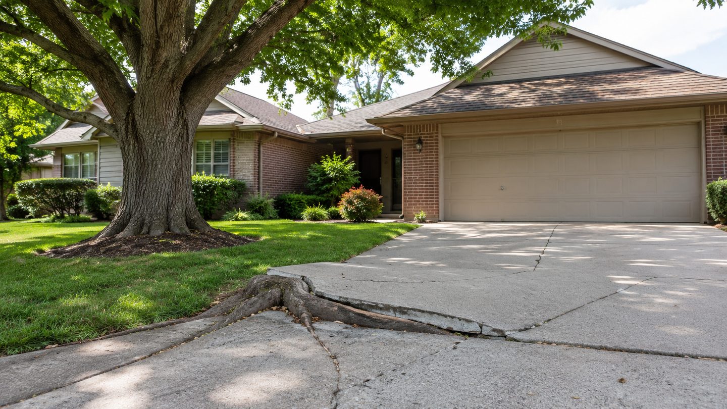 Mature tree root lifting and cracking a residential driveway near an Idaho Falls home